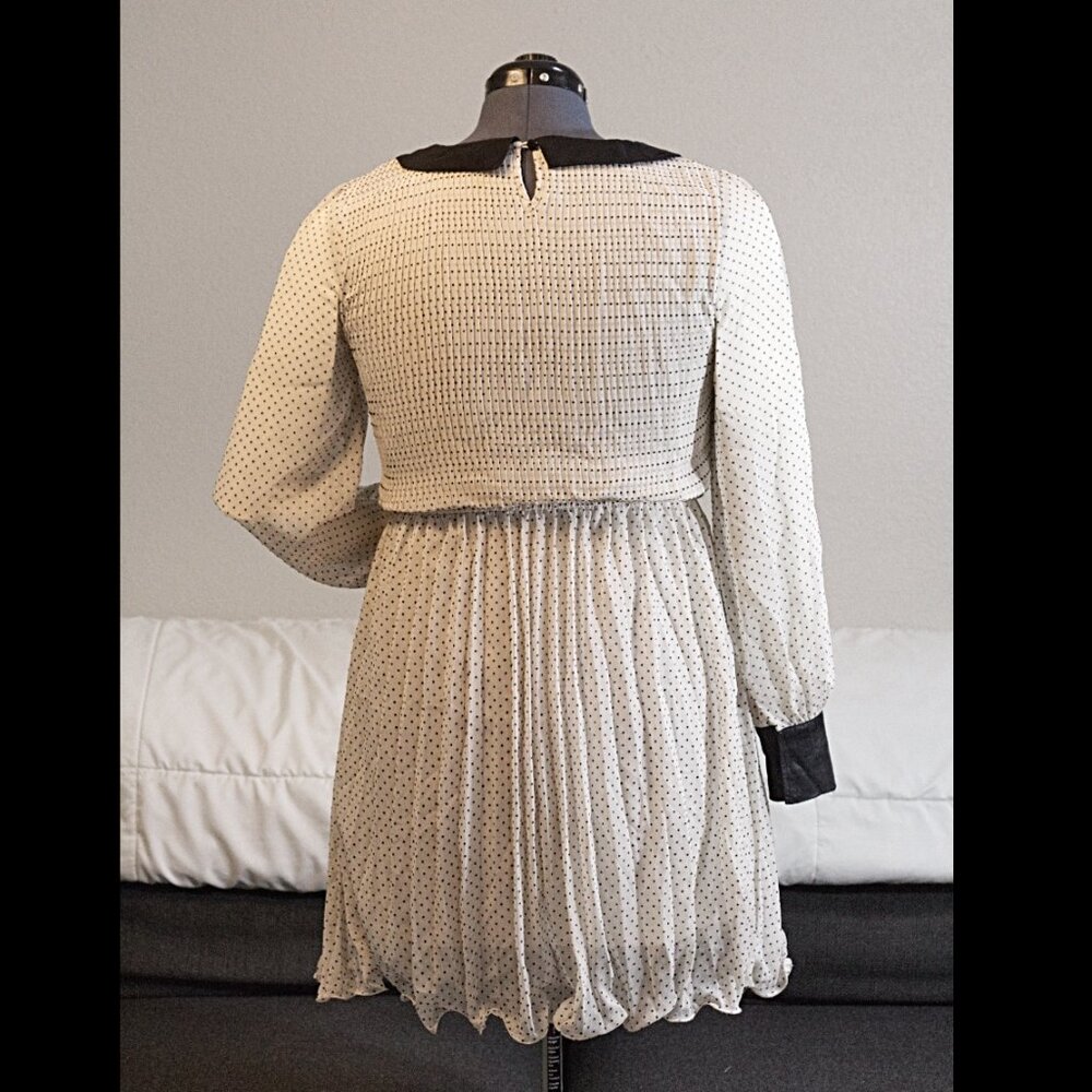 Pleated Long-Sleeve Black and White/Cream Polka Dot Fit and Flare Dress Medium - Picture 4 of 15